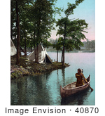 #40870 Stock Photo Of A Native American Indian Man Paddling Past Tipis In A Boat