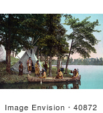 #40872 Stock Photo Of Native American Indians Standing On The Waterfront By A Tipi Assisting Hunters As They Return Ot Shore