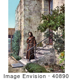 #40890 Stock Photo Of A Monk Brother Odoricus Standing Outside On The Steps Of Mission Santa Barbara California