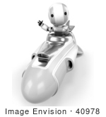 #40978 Clip Art Graphic Of An Ao-Maru Robot In Chrome Waving And Driving A Hovering Rocket