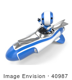 #40987 Clip Art Graphic Of An Ao-Maru Robot In Blue Waving And Driving A Speedy Rocket