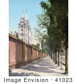 #41023 Stock Photo Of A Tree Lined Sidewalk Along A Wall By The Temple In Salt Lake City Utah