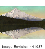 #41037 Stock Photo Of Mount Hood Covered In Snow Reflecting With Evergreen Forests On The Waters Of Lost Lake Oregon