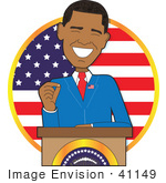 #41149 Clip Art Graphic of American President, Barack Obama, Giving a Speech at a Podium by Maria Bell