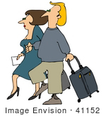 #41152 Clip Art Graphic Of A Caucasian Couple Walking With Rolling Suitcases