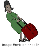 #41154 Clip Art Graphic Of An African American Woman Trying To Budge Her Heavy Rolling Suitcase
