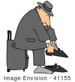 #41155 Clip Art Graphic Of A Caucasian Man Putting His Shoes And Socks On And Leaning Against His Rolling Suitcase