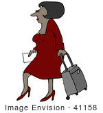 #41158 Clip Art Graphic Of An African American Woman In Red Walking With A Rolling Suitcase
