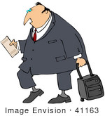#41163 Clip Art Graphic Of A Caucasian Businessman Reading His Plane Ticket While Pulling Rolling Luggage