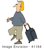 #41164 Clip Art Graphic Of A Blond Caucasian Guy Walking With A Rolling Suitcase