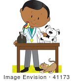 #41173 Clip Art Graphic Of A Male Hispanic Or African American Veterinarian With A Cat At His Feet And A Bird On His Shoulder Treating An Injured Puppy