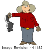 #41182 Clip Art Graphic Of A Cowboy Holding A Pesky Skunk By The Tail