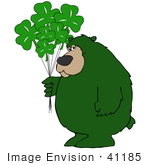 #41185 Clip Art Graphic Of A Green St Patrick’S Day Bear With Clover Balloons