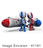 #41191 Clip Art Graphic Of Ao-Maru Robots In Blue And Red Standing By Racing Missile Rockets