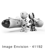 #41192 Clip Art Graphic Of Ao-Maru Robots In Black And Chrome Standing By Racing Missile Rockets