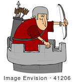 #41206 Clip Art Graphic Of A Roman Soldier With A Bow And Arrows Atop A Fortress Tower