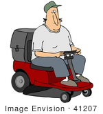 #41207 Clip Art Graphic Of A Caucasian Man Driving A Red Riding Lawn Mower