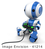 #41214 Clip Art Graphic of a 3d Blue Robot Using a Controller to Play a Video Game by Jester Arts