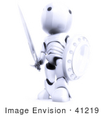 #41219 Clip Art Graphic Of A 3d White Robot With A Sword And Shield