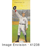 #41238 Stock Illustration Of A Vintage Baseball Card Of Sam Crawford Holding A Baseball In A Glove Over A Base