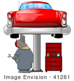 #41261 Clipart Illustration Of An African American Male Auto Mechanic Under A Red Classic Car Up On A Lift In A Garage