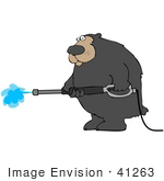 #41263 Clip Art Graphic Of A Bear Using A Pressure Washer