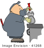 #41268 Clip Art Graphic Of A Worker Fixing A Meter On A Table