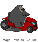 #41269 Clip Art Graphic Of A Bear Operating A Big Red Riding Lawn Mower