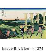 #41278 Stock Illustration Of Two People Fishing At A Weir In Senju Musa And One Person And Horse Transporting Rice Seedlings Rice Paddies And Mount Fuji In The Distance