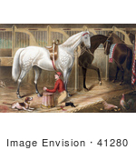 #41280 Stock Illustration Of A Dog Watching A Jockey Kneeling And Praying For A Successful Race In A Horse Stable