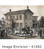 #41282 Stock Illustration Of Villagers Greeting Abraham Lincoln On Horseback In Front Of His House In Springfield Illinois