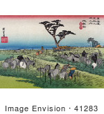 #41283 Stock Illustration Of Travelers Resting Under A Pine Tree Surrounded By Grazing Horses In A Meadow Near The Chiryu Station On The Tokaido Road