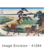 #41284 Stock Illustration Of Three People On Horseback Galloping Along The Sumida River With Mount Fuji In The Distance
