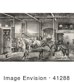 #41288 Stock Illustration Of A Child And Men Tending To Race Horses In A Stable