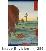 #41289 Stock Illustration Of Two Horses Grazing In A Landscape With A Stream In Kogane Fields In Shimosa Province Mt Fuji In The Distance