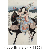 #41291 Stock Illustration Of Bando Mitsugoro A Japanese Actor Riding A Black Horse While Playing The Role Of Satsumanokami Tadanori
