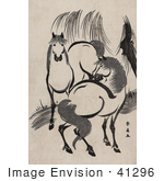 #41296 Stock Illustration Of A Scan Of A Japense Woodcut Of Two Horses Near A Willow Tree