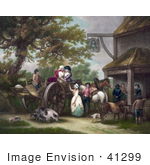 #41299 Stock Illustration Of Horses Pigs And A Dog With People And A Cart In Front Of A Tavern