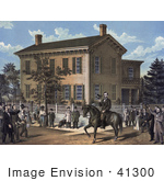 #41300 Stock Illustration Of Abraham Lincoln On Horseback In Front Of His Home Being Greeting By Villages Upon The Return Of His Successful Campaign For The Presidency
