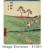 #41301 Stock Illustration Of Men And Horses Working In The Fields At The At The Chiryu Station On The Tokaido Road