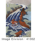 #41302 Stock Illustration Of Men Washing A Horse In The Stream At The Yoshitsune Umarai Waterfall At Yoshino In Washu