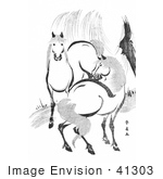 #41303 Stock Illustration Of A Pair Of Horses By A Willow Tree Black And White