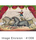 #41306 Stock Illustration Of An Audience Watching A Man Standing On The Back Of Two Horses Controlling Them With The Reins