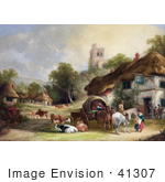 #41307 Stock Illustration Of Cattle Horses People And Carriages At The Swan Inn Of A Village With A Castle In The Background