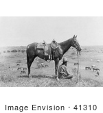 #41310 Stock Photo Of A Cowboy Seated In Front Of His Saddled Horse On A Hill Overlooking Horses In Bonham Texas 1910