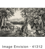 #41312 Stock Illustration Of Four Male Campers Sitting Around A Fire With Their Horses In The Background