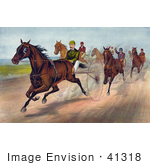 #41318 Stock Illustration Of A Group Of Men Racing Horses With Dust Rising On The Track