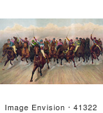 #41322 Stock Illustration Of A Large Group Of 19 Competitive Jockeys Racing Forward