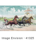 #41325 Stock Illustration Of Judges In A Tower Watching A Close Race Between Four Horse Harness Racing Jockeys