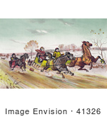 #41326 Stock Illustration Of A Man Woman And Senior Man Racing Horses Down A Street In Winter